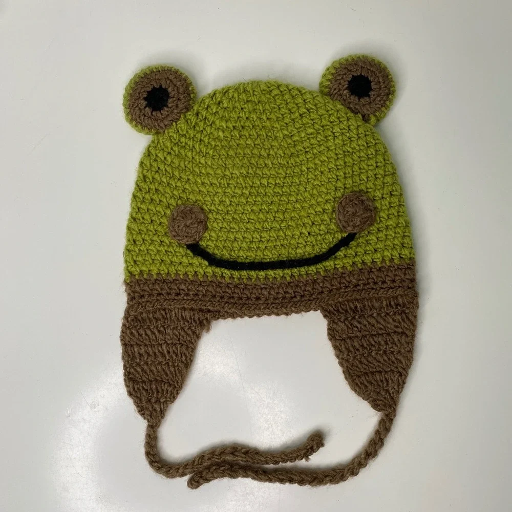 Kids Crochet Frog Hat Green Brown Ear Flaps Winter Beanie Cap Unisex‎